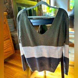 Love Cameron back-knot sweater, tri-color, green/grey/navy, medium